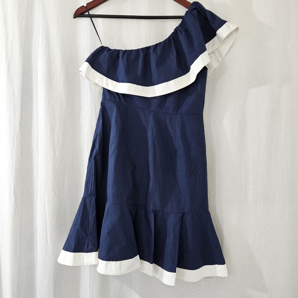 AQUA One Shoulder White Trim Ruffle Midi Dress in Navy Blue Women’s Size S - Picture 2 of 3